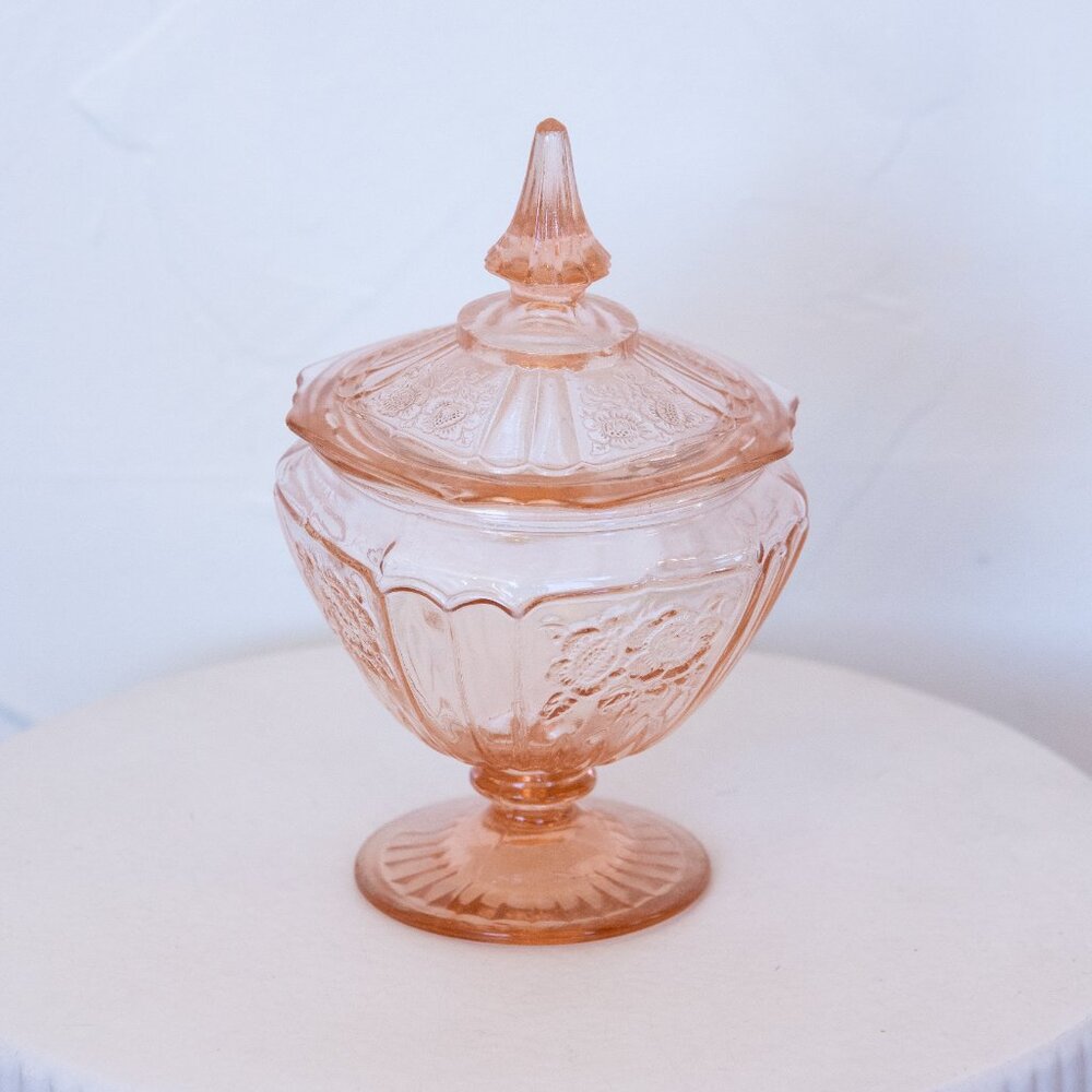 Vintage Pink Depression Glass Candy Dish Holder withFloral Details & Ornate Lid